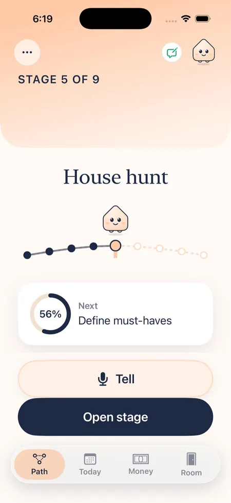 The House hunt stage of the nine-stage path, 56 percent done, next step Define must-haves.